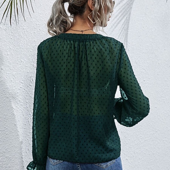 polka dot v neck button chiffon long sleeve top - Picture 3 of 11